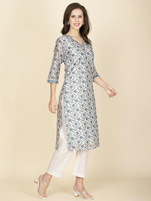 Floral Printed Chanderi Kurta With Pants