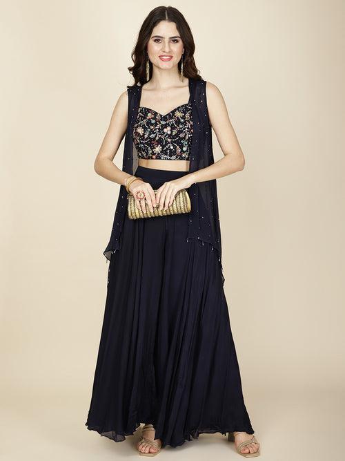 Resham Embroidered Crepe Crop Top With Sharara & Shrug