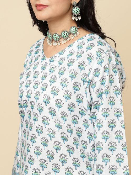 Floral Printed Cotton Kurta With Pants & Dupatta