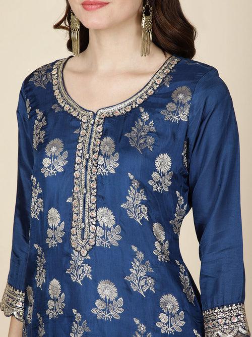 Zari Embroidery Woven Kurta With Garara & Dupatta