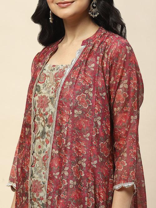 Floral Printed Cotton Gown Dress With Jacket