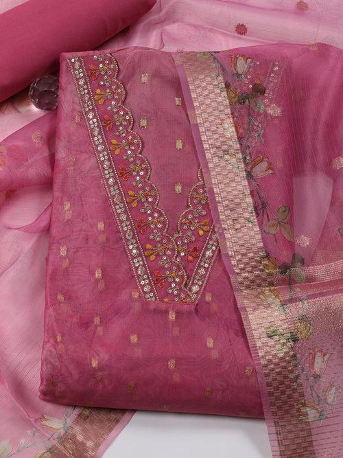 Neck Embroidery Chanderi Unstitched Suit Piece With Dupatta