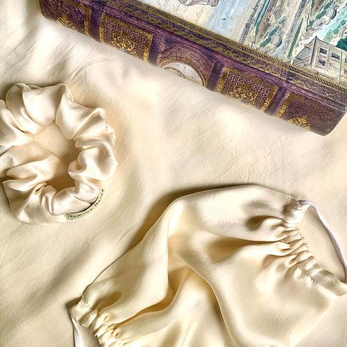 Mulberry Silk Adjustable Face Mask (Ivory)+ Coordinating Ruffled Silk Scrunchie (Set of 2)