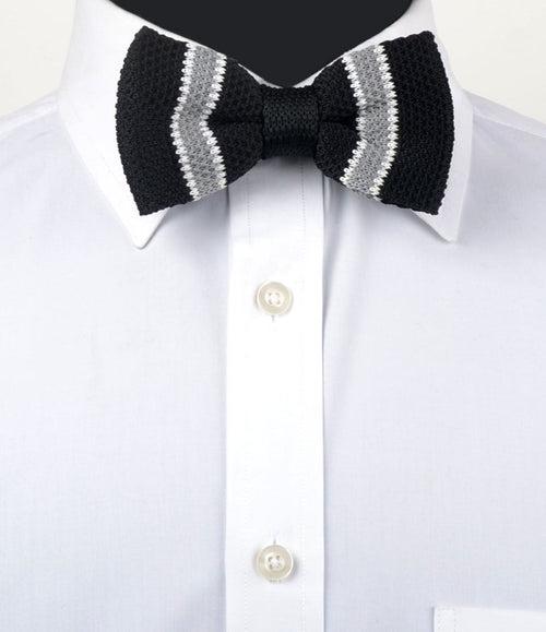 Black with Grey & White Stripes Knitted Bow Tie