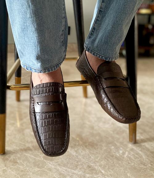 Croco Penny Driving Loafer - Brown