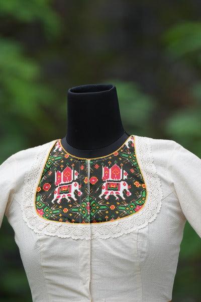 The Madhubala Blouse - Off White Kora/Black Elephant