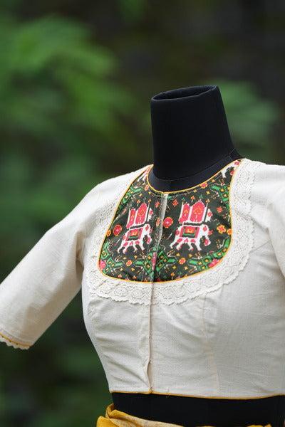 The Madhubala Blouse - Off White Kora/Black Elephant