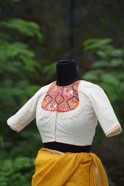 The Madhubala Blouse - Off White Kora/Tomato Red