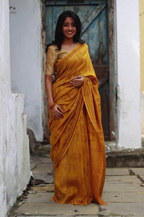 Turmeric Yellow Ice Candy Hand Block Printed Silk Cotton Chanderi Saree