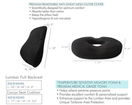 Wingman - Work From Home Combo - Memory Foam Lumbar Backrest Pillow & HR Foam Donut Shaped Seat Cushion - Medium Firm