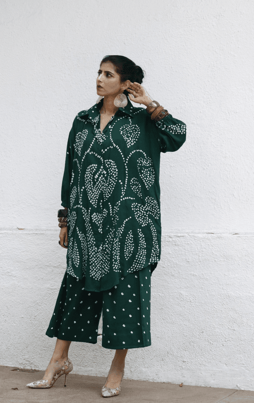 Green Bandhani 'Paisley Princess' Cotton Co-ord Set : Buy Kurta Palazzo Cotton Co-ord Set