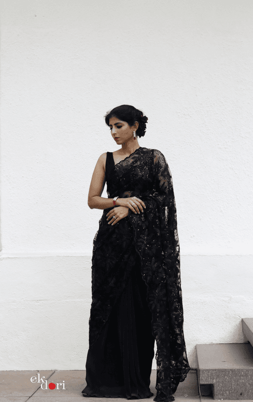 'Beauty In Black' Statement Black Sequin Saree : Bling It On Festive Cocktail Saree Collection