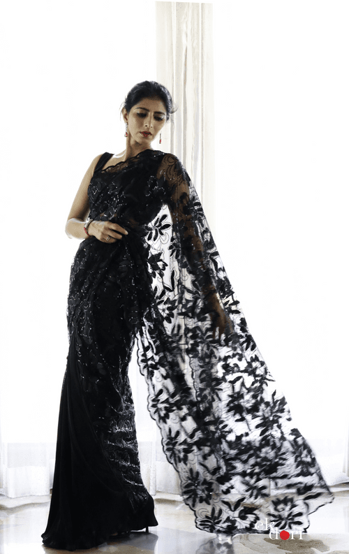 'Beauty In Black' Statement Black Sequin Saree : Bling It On Festive Cocktail Saree Collection