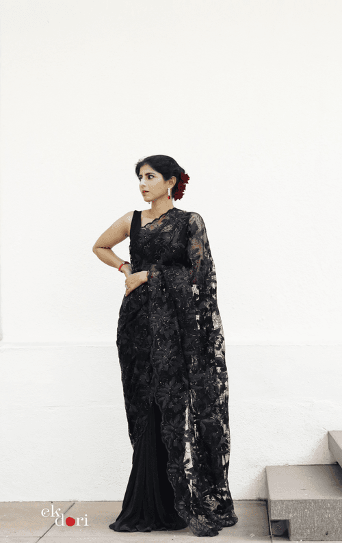 'Beauty In Black' Statement Black Sequin Saree : Bling It On Festive Cocktail Saree Collection