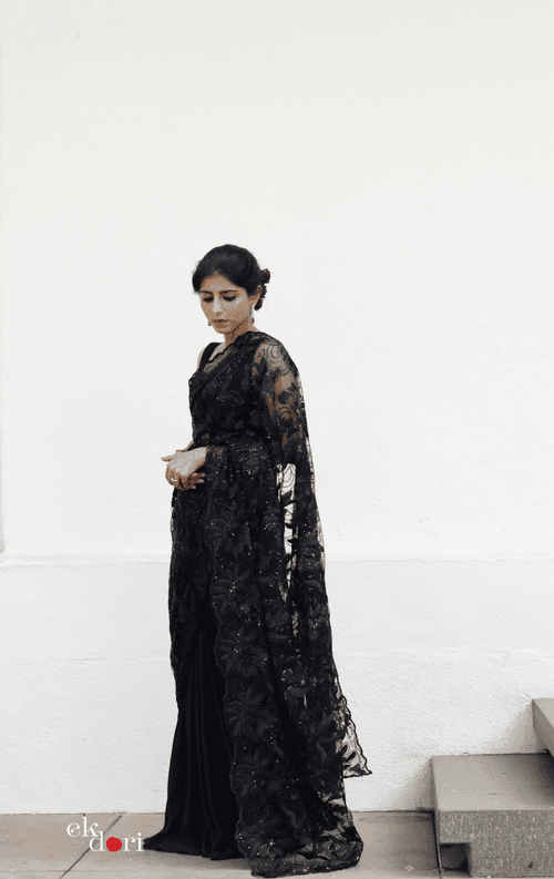 'Beauty In Black' Statement Black Sequin Saree : Bling It On Festive Cocktail Saree Collection