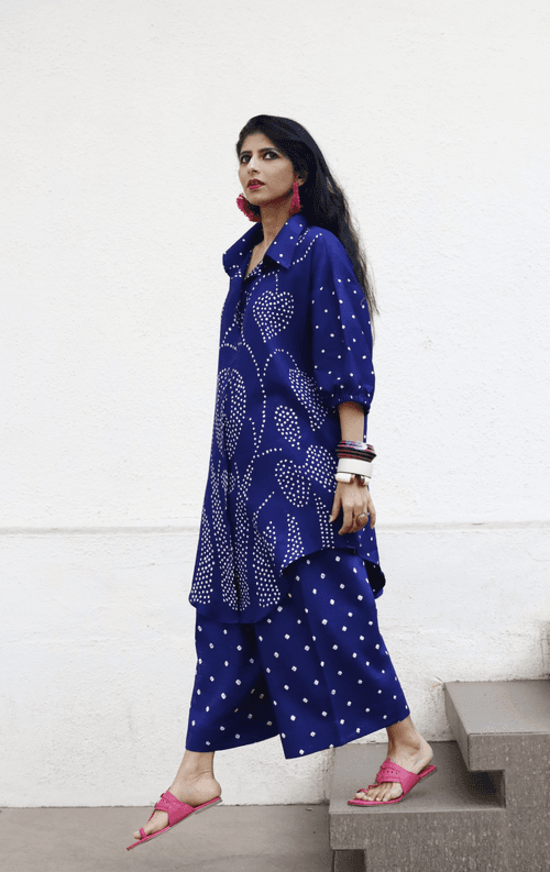 Bandhani Blue Cotton Co-ord Set : Buy Kurta Palazzo Cotton Co-ord Set