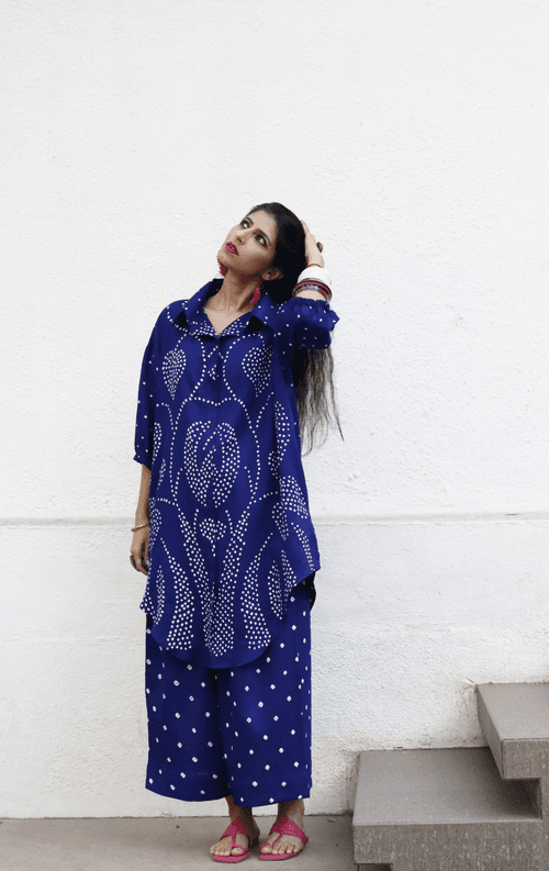 Bandhani Blue Cotton Co-ord Set : Buy Kurta Palazzo Cotton Co-ord Set