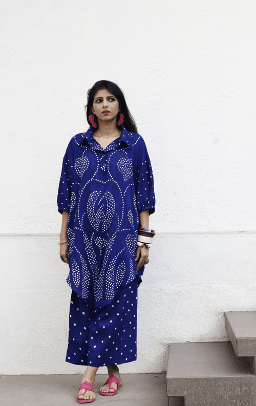 Bandhani Blue Cotton Co-ord Set : Buy Kurta Palazzo Cotton Co-ord Set