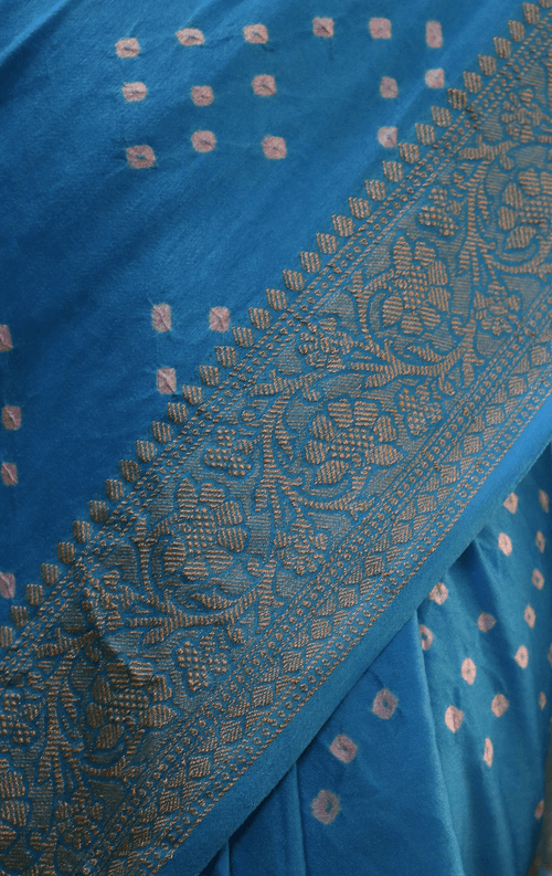 Buy Bandhani Designer Saree Online : Blue Bandhani Hand Dyed Saree With Gold Border