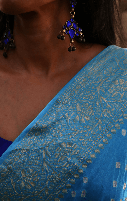 Buy Bandhani Designer Saree Online : Blue Bandhani Hand Dyed Saree With Gold Border