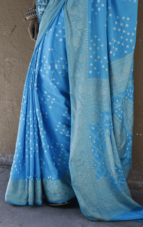 Buy Bandhani Designer Saree Online : Blue Bandhani Hand Dyed Saree With Gold Border