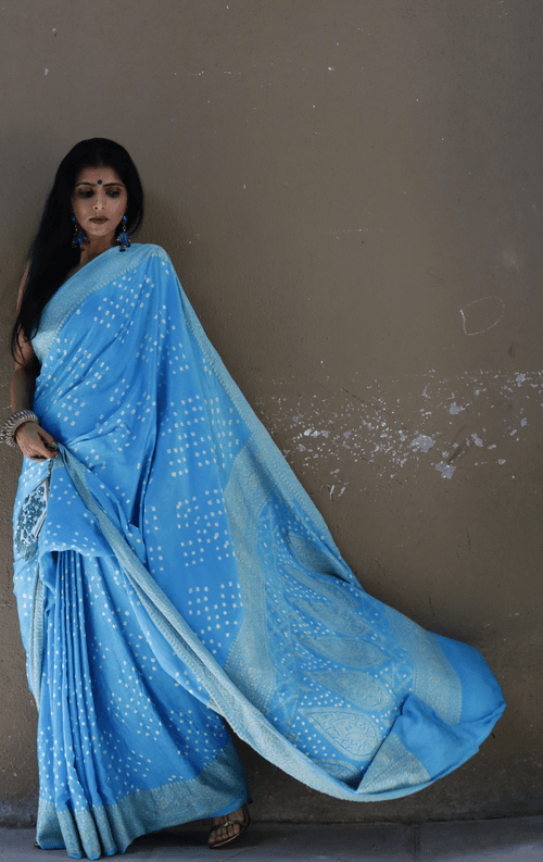 Buy Bandhani Designer Saree Online : Blue Bandhani Hand Dyed Saree With Gold Border