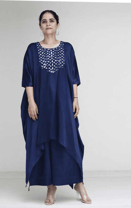 Mashru Mirror Work Co-ord Set in Blue 'Neelambari' : Buy Palazzo Kaftan Kurta Festive Co-ord Set