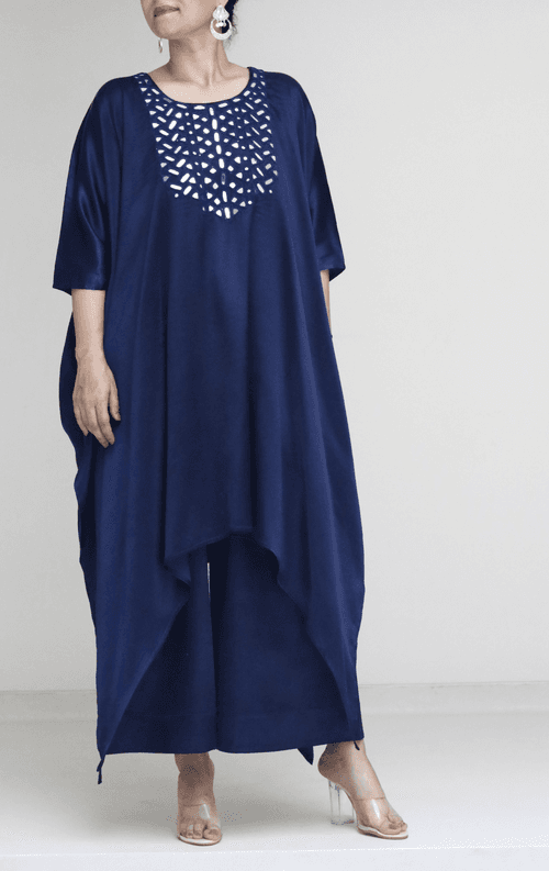 Mashru Mirror Work Co-ord Set in Blue 'Neelambari' : Buy Palazzo Kaftan Kurta Festive Co-ord Set