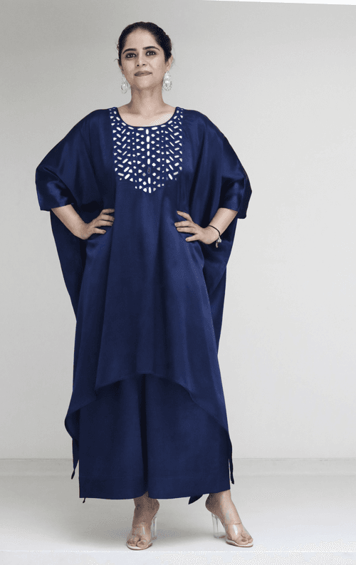 Mashru Mirror Work Co-ord Set in Blue 'Neelambari' : Buy Palazzo Kaftan Kurta Festive Co-ord Set