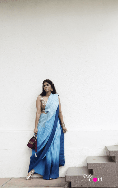 'Deep Ocean' Ready To Wear Draped Saree Skirt : Fun Modern Micropleated Quick Draped Saree