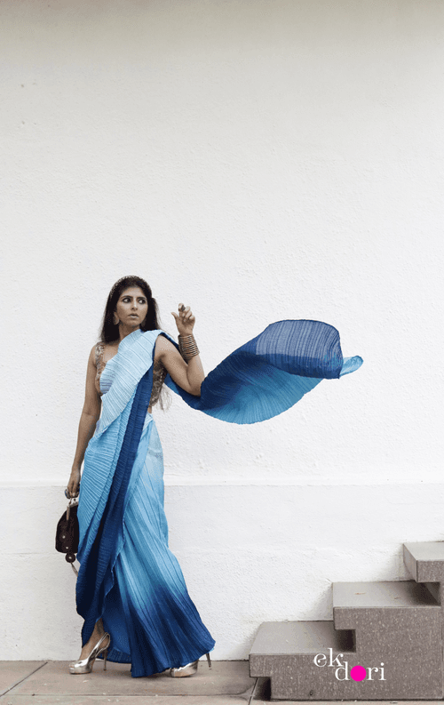 'Deep Ocean' Ready To Wear Draped Saree Skirt : Fun Modern Micropleated Quick Draped Saree