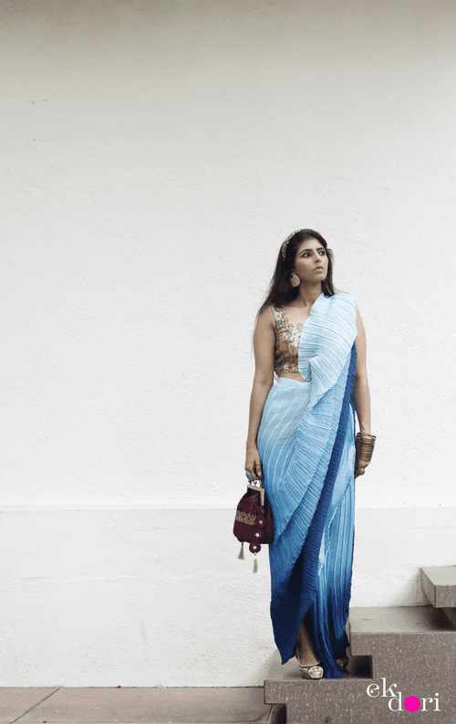 'Deep Ocean' Ready To Wear Draped Saree Skirt : Fun Modern Micropleated Quick Draped Saree