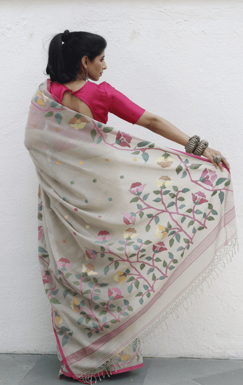 Buy Beige Floral Soft Cotton Jamdani Saree : Floral Needle Jamdani Handmade Saree