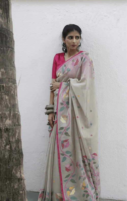 Buy Beige Floral Soft Cotton Jamdani Saree : Floral Needle Jamdani Handmade Saree