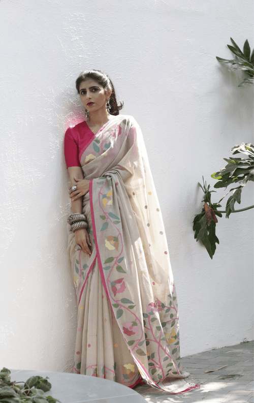 Buy Beige Floral Soft Cotton Jamdani Saree : Floral Needle Jamdani Handmade Saree