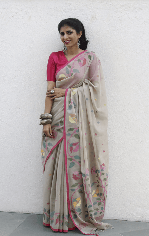 Buy Beige Floral Soft Cotton Jamdani Saree : Floral Needle Jamdani Handmade Saree