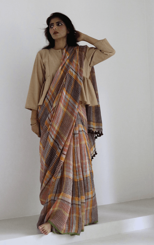 Buy Fun Checks Linen Saree : Fun Modern Pure Linen Saree