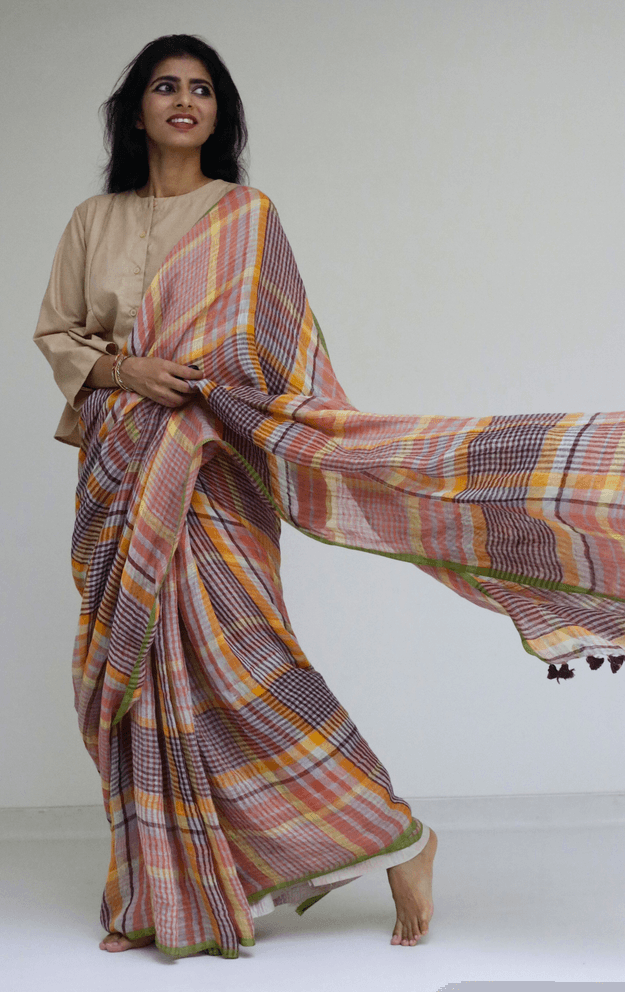 Buy Fun Checks Linen Saree : Fun Modern Pure Linen Saree