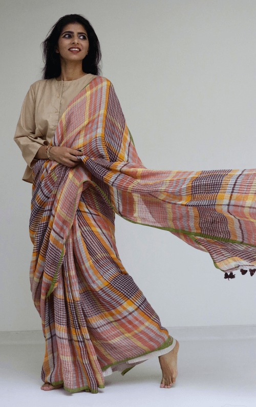 Buy Fun Checks Linen Saree : Fun Modern Pure Linen Saree