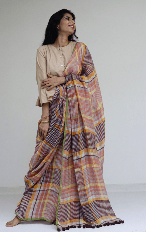 Buy Fun Checks Linen Saree : Fun Modern Pure Linen Saree