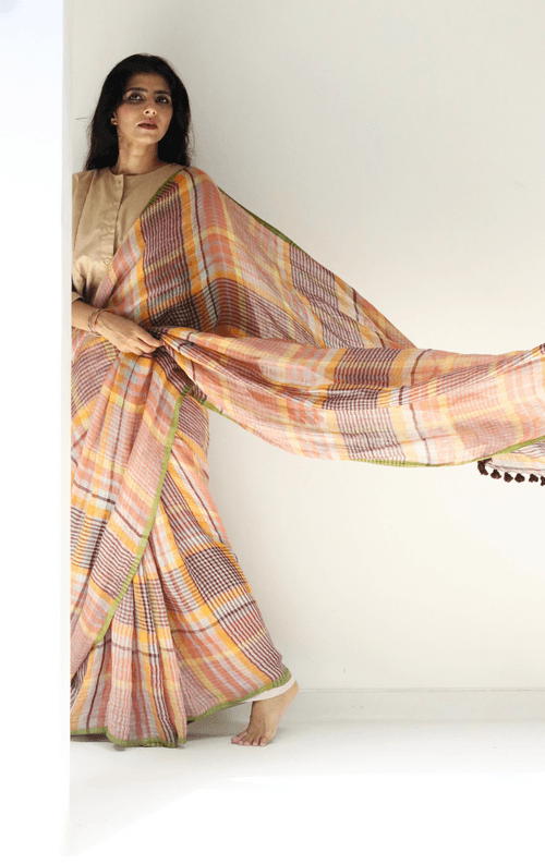 Buy Fun Checks Linen Saree : Fun Modern Pure Linen Saree