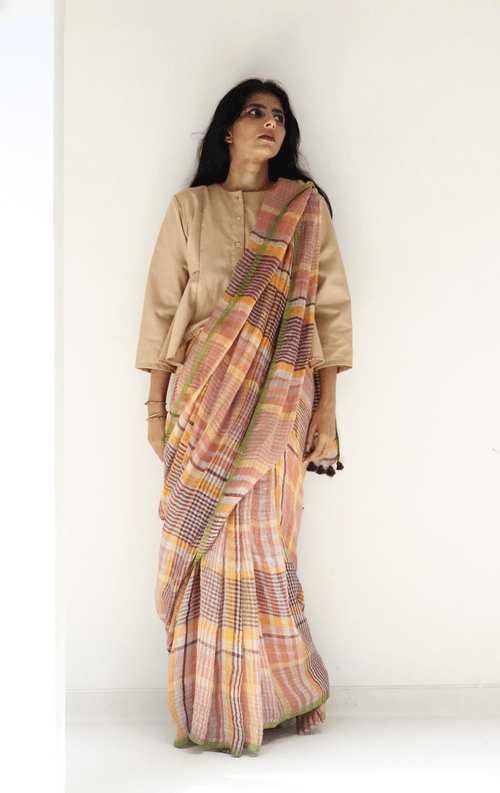 Buy Fun Checks Linen Saree : Fun Modern Pure Linen Saree