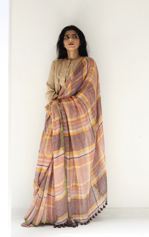 Buy Fun Checks Linen Saree : Fun Modern Pure Linen Saree