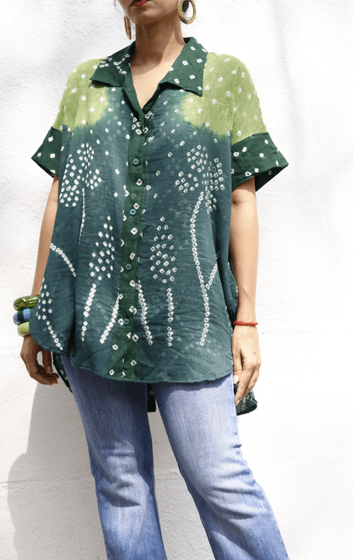 Bandhani 'Flower Garden' Cotton Shirt : Buy Bandhani Green Cotton Shirt