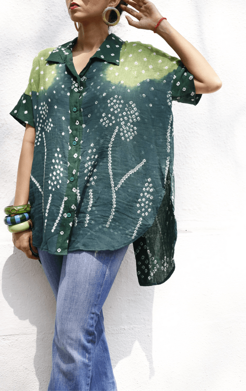 Bandhani 'Flower Garden' Cotton Shirt : Buy Bandhani Green Cotton Shirt