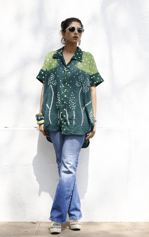 Bandhani 'Flower Garden' Cotton Shirt : Buy Bandhani Green Cotton Shirt