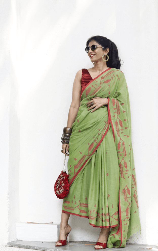 Buy Henna Green Soft Cotton Jamdani Saree : Green Red Needle Jamdani Handmade Saree