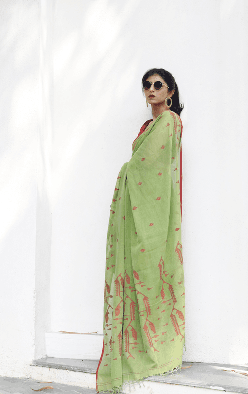 Buy Henna Green Soft Cotton Jamdani Saree : Green Red Needle Jamdani Handmade Saree