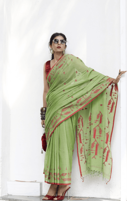 Buy Henna Green Soft Cotton Jamdani Saree : Green Red Needle Jamdani Handmade Saree