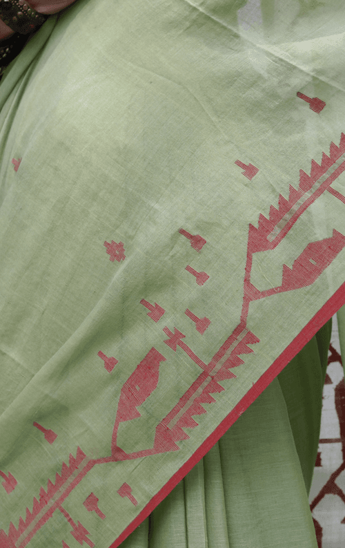 Buy Henna Green Soft Cotton Jamdani Saree : Green Red Needle Jamdani Handmade Saree